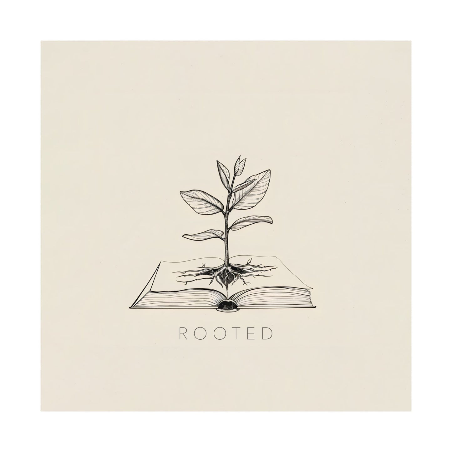 Minimalist Christian artwork titled Rooted, featuring a black-and-white illustration of a plant growing from an open Bible. Ideal for modern Christian wall decor, scripture art, or as an inspirational piece for faith-based interiors.