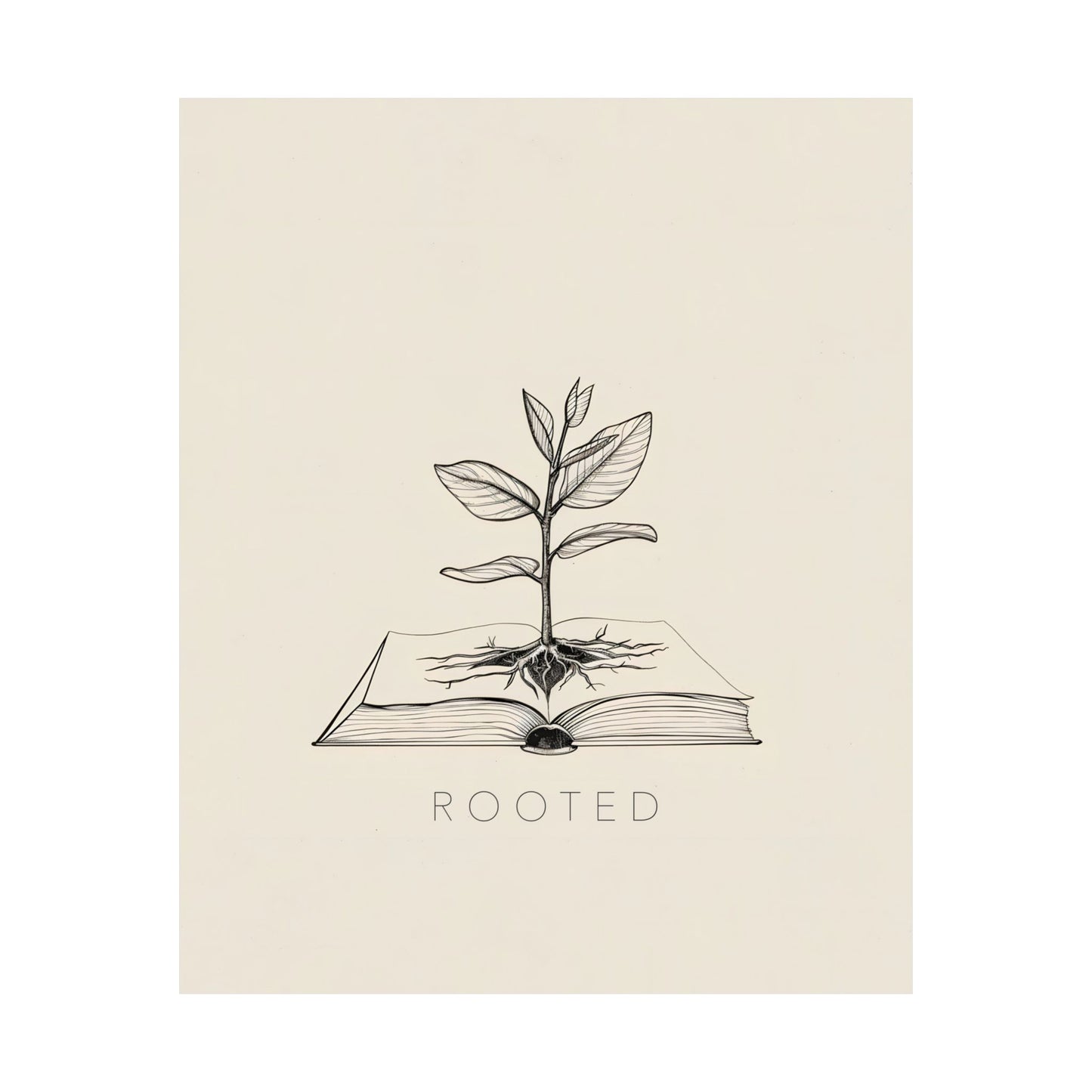Minimalist Christian wall art 'Rooted,' with plant growing from Bible illustration, symbolizing spiritual depth and connection to faith.