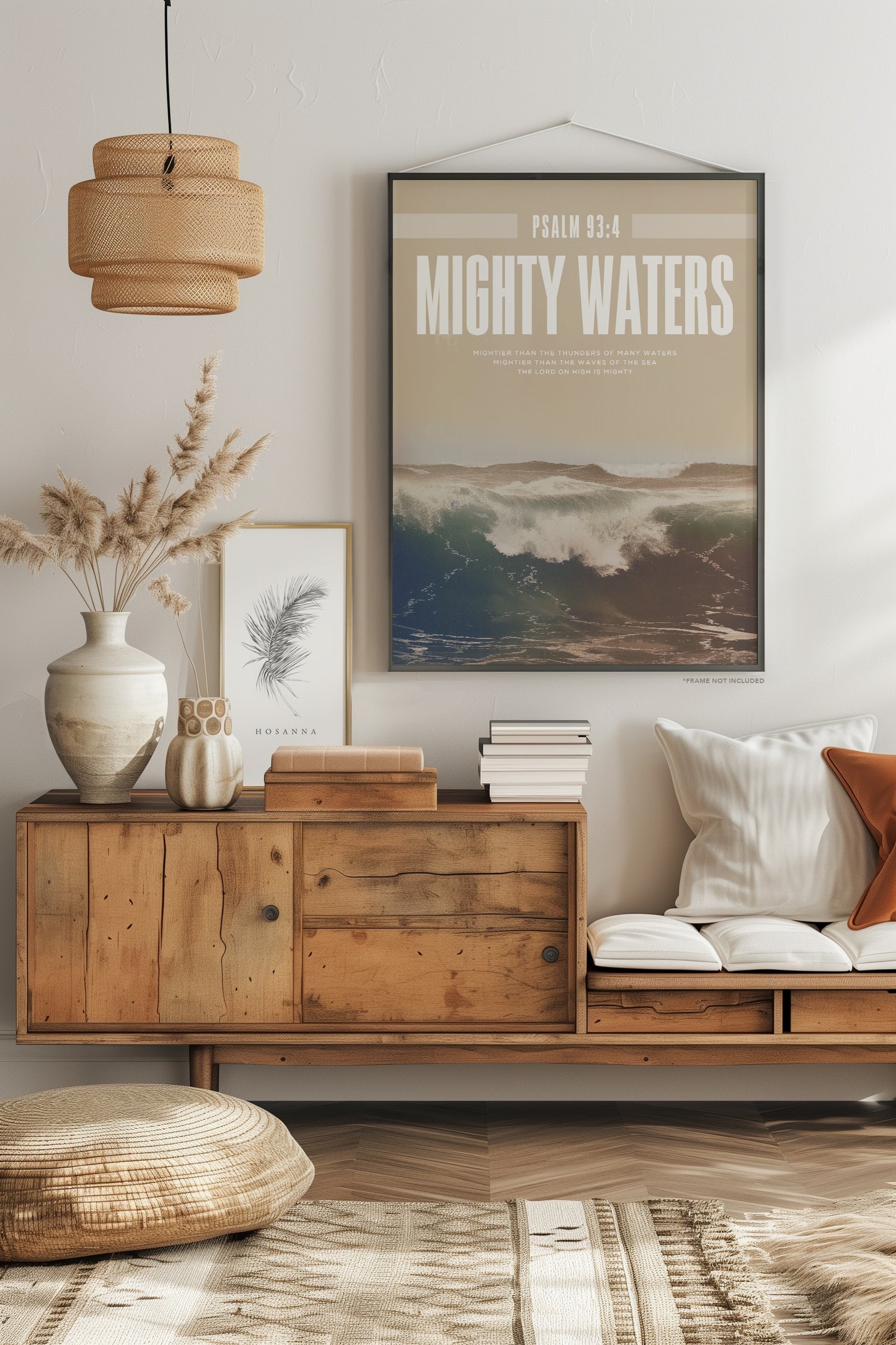 Mighty Waters framed print displayed in a rustic cozy room setting bringing a sense of strength and serenity inspired by Psalm 93:4.