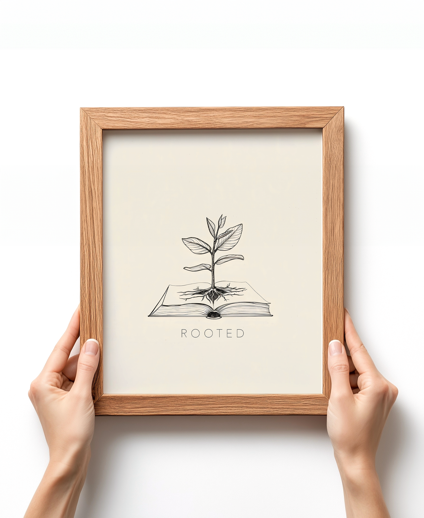 Hands holding 'Rooted' Christian canvas wall art, featuring a plant rooted in scripture, perfect for faith-inspired home decor.