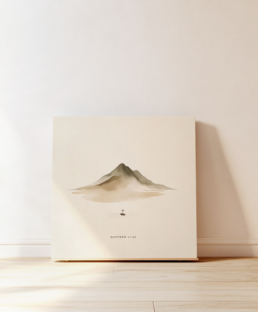 Minimalist Christian canvas wall art featuring Matthew 17:20 scripture, a mountain illustration, and a mustard seed symbolizing faith and perseverance