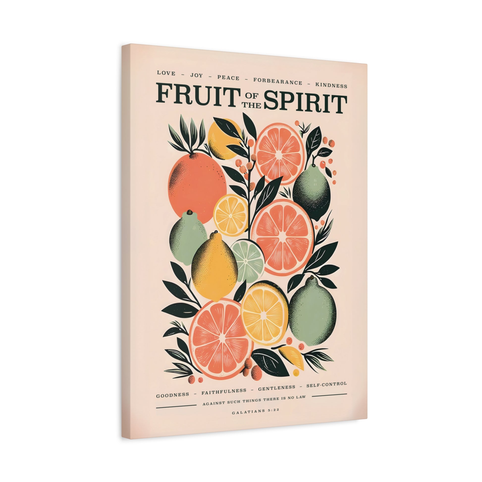 Angled view of Fruit of the Spirit Christian canvas wall art with Galatians 5:22 scripture, featuring vibrant citrus fruits and faith-inspired design