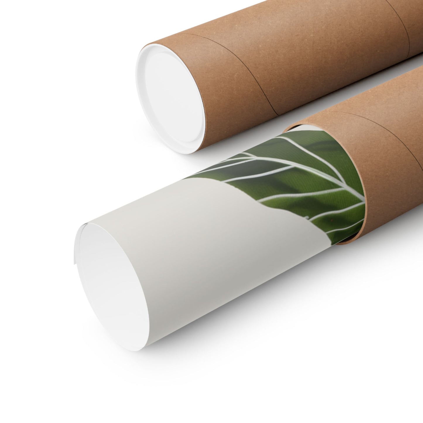 Close-up of a rolled botanical art print with tropical leaf design packaged in a kraft tube for shipping ideal for eco-friendly wall art and nature-inspired home decor