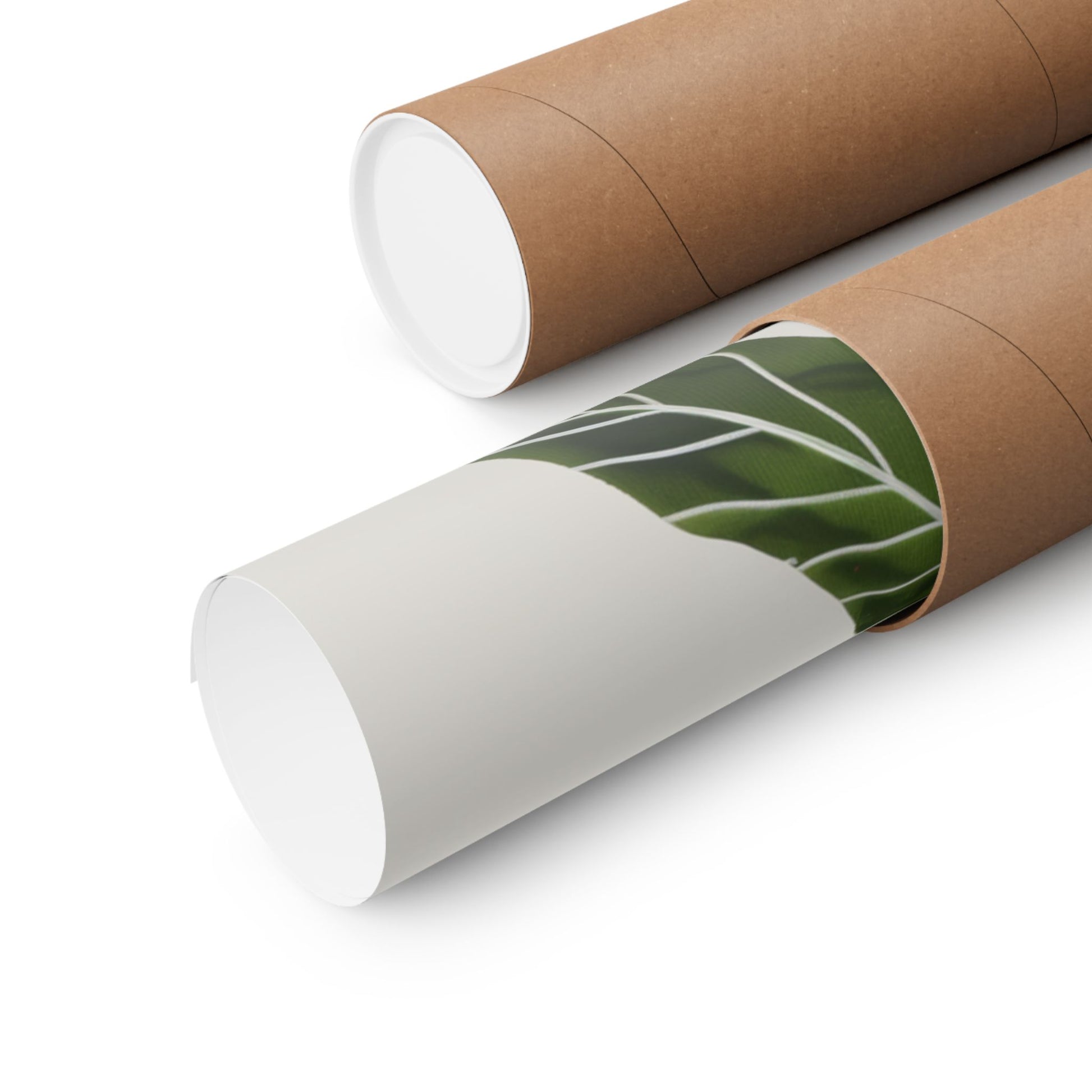 Close-up of a rolled botanical art print with tropical leaf design packaged in a kraft tube for shipping ideal for eco-friendly wall art and nature-inspired home decor