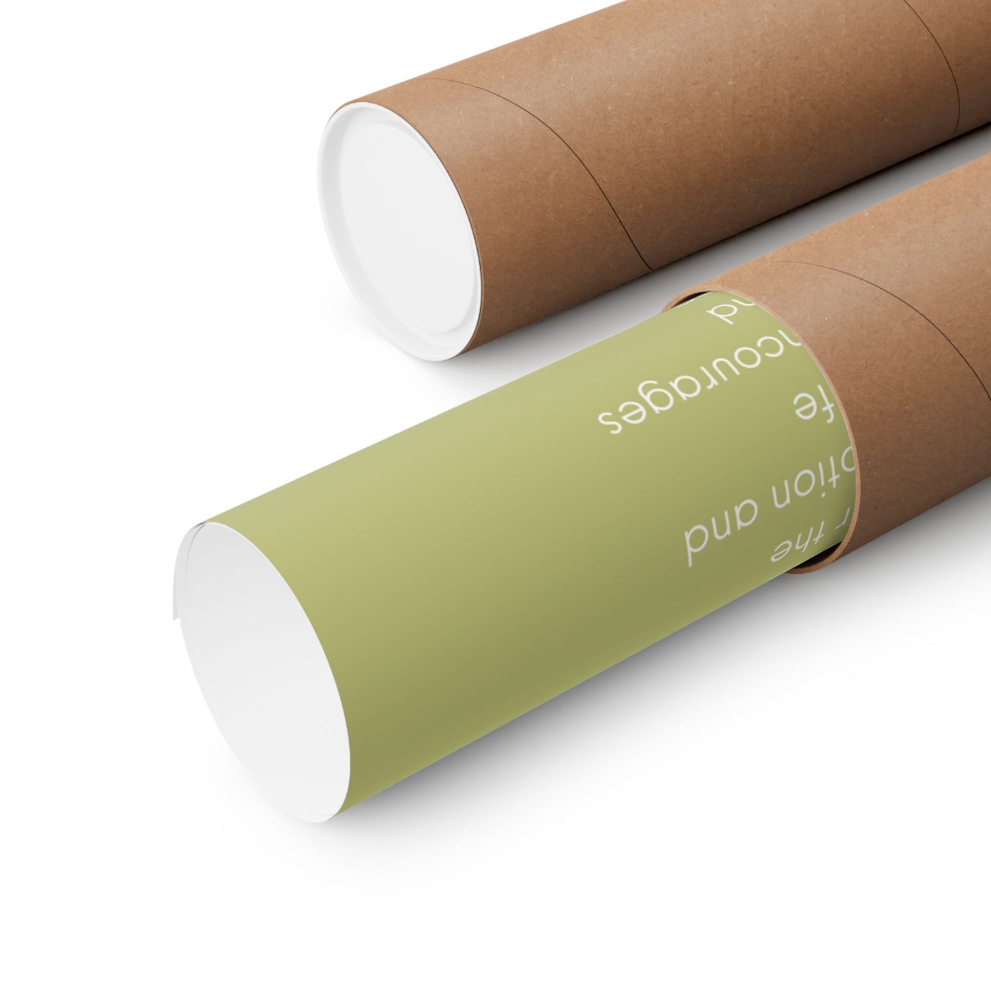 Olive green rolled-up poster with inspirational text about grace visible partially emerging from a sturdy cardboard tube