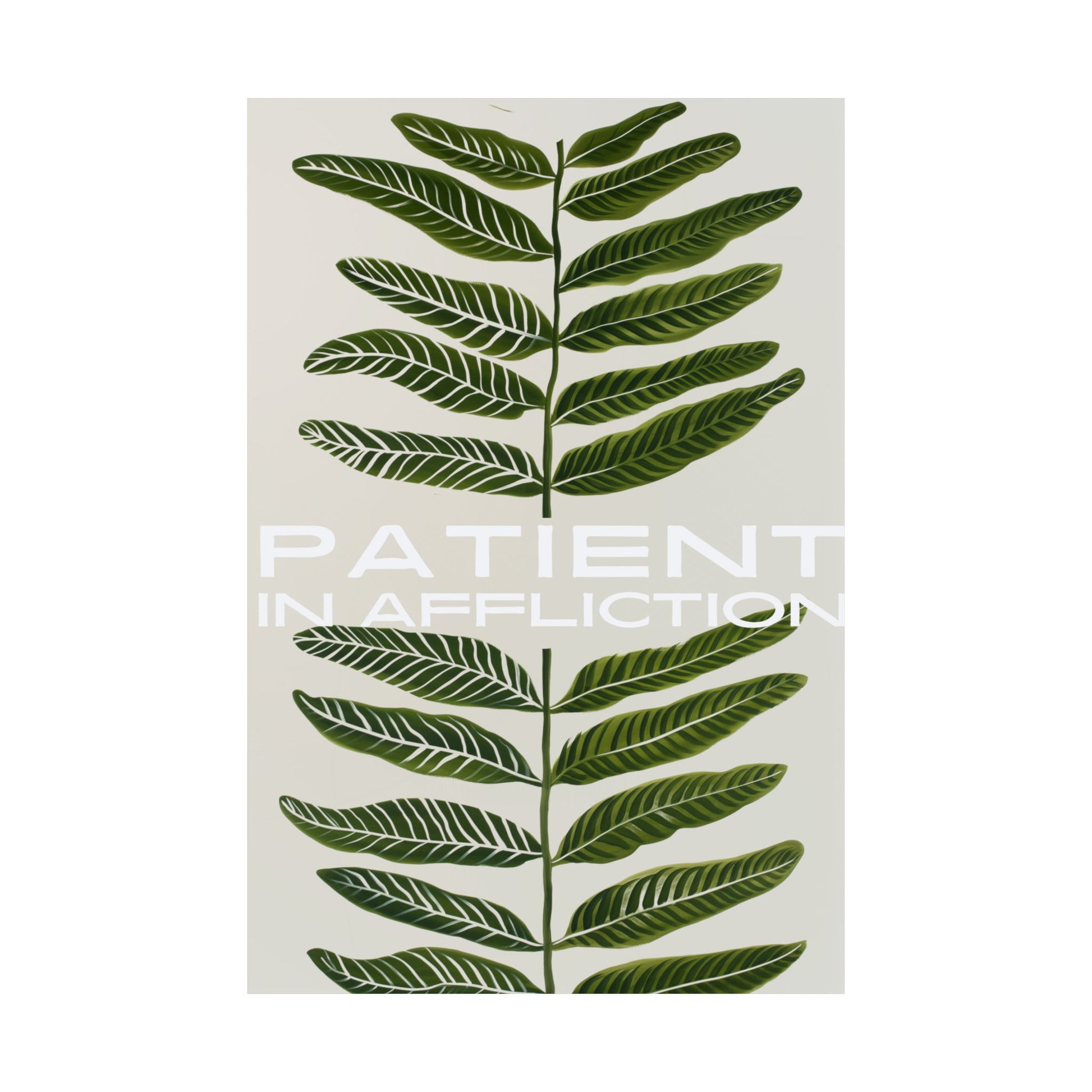 Christian art print with a botanical design, featuring the phrase 'Patient in Affliction' in soft white text over green leaves.