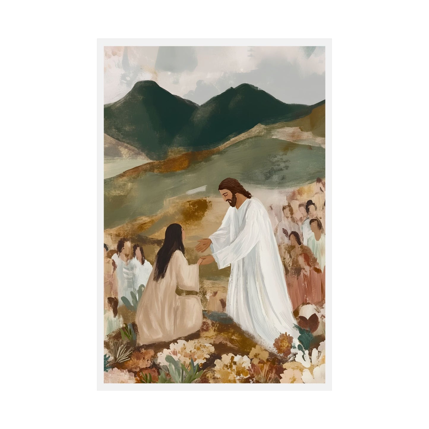 Christian wall art depicting Jesus extending His hand to a kneeling woman, surrounded by a crowd in a peaceful landscape with mountains. Ideal for modern Christian home decor, faith-inspired gifts, or as an inspirational spiritual artwork.