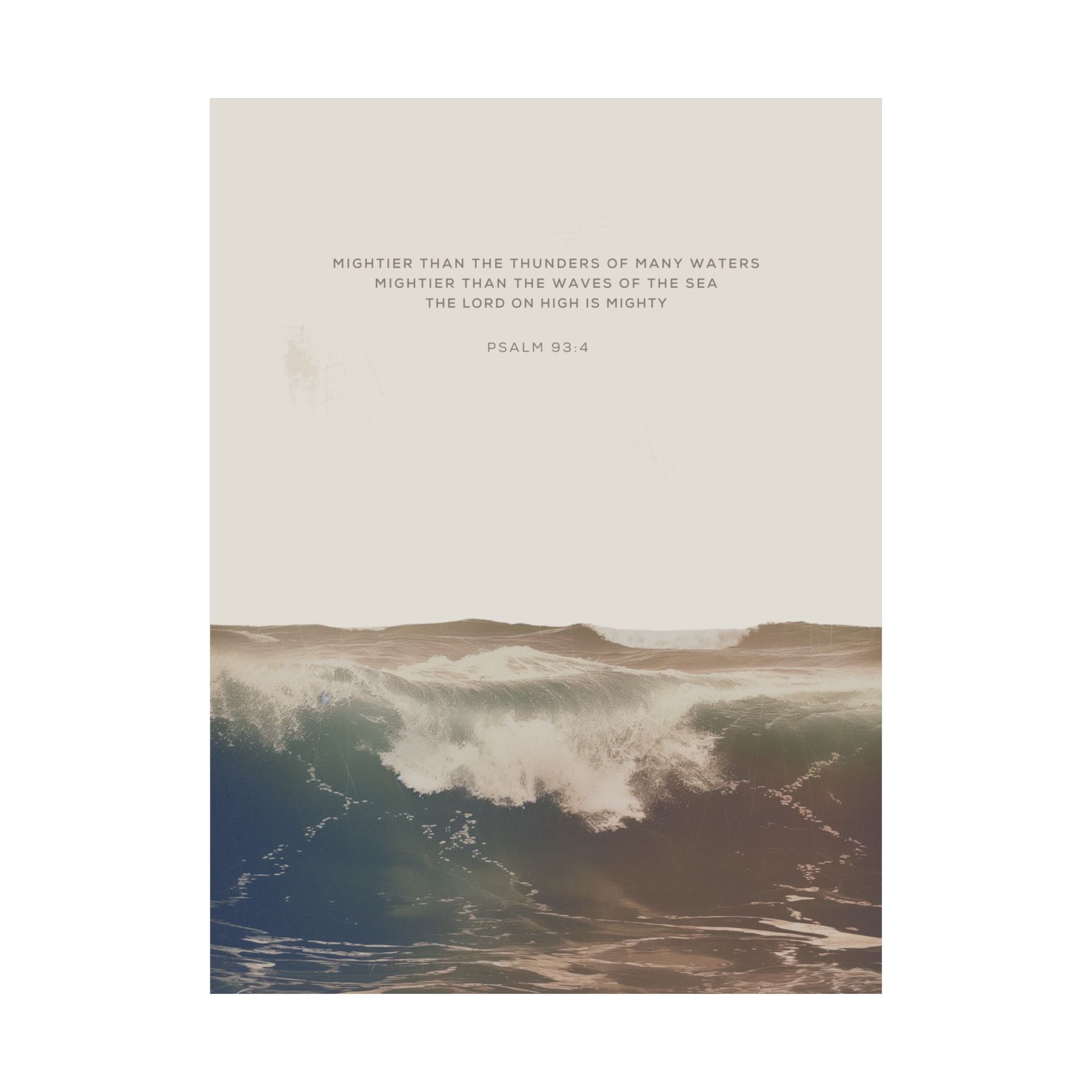 Close-up of Psalm 93:4 Mighty Waters print, featuring powerful ocean waves and a faith-inspiring Bible verse