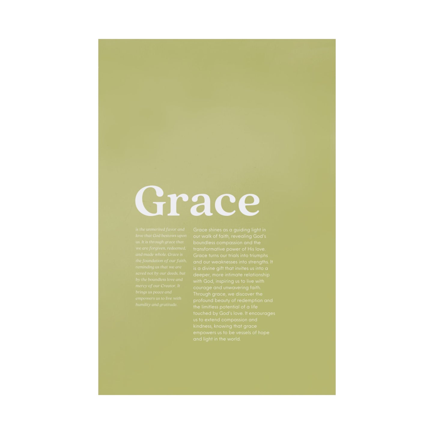 Inspirational wall art piece titled "Grace" on a soft olive green background with text describing grace as God's unmerited favor emphasizing forgiveness redemption and divine love that transforms trials into triumphs and weaknesses into strengths