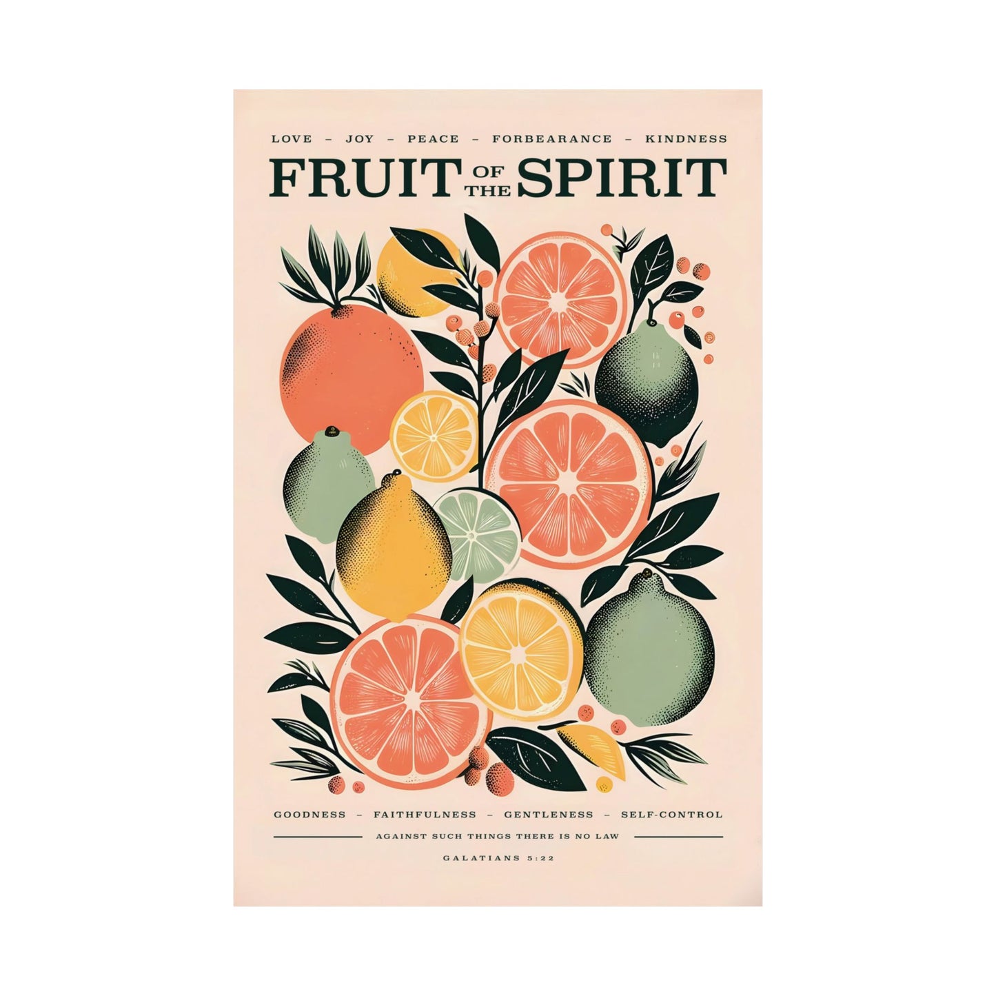 Framed Fruit of the Spirit Galatians 5:22 poster featuring colorful citrus fruit illustration Christian wall decor perfect for modern homes faith-based minimalist artwork Modern Christian Wall Art Print