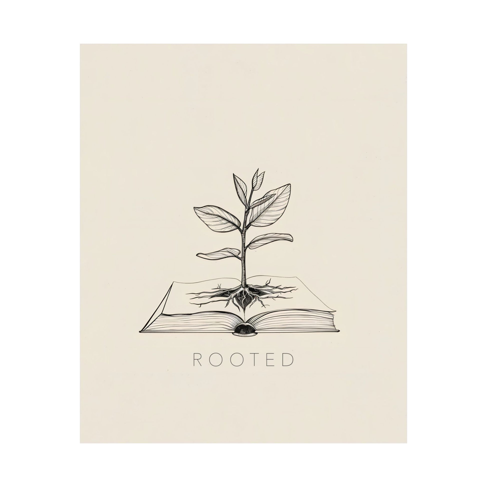 Minimalist Christian wall art 'Rooted,' with plant growing from Bible illustration, symbolizing spiritual depth and connection to faith.