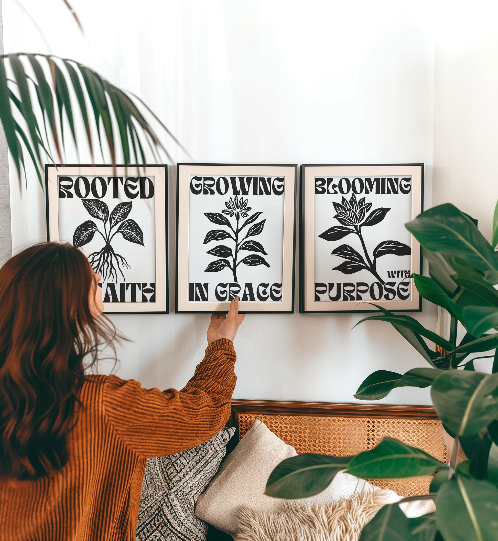 Christian wall art set featuring rooted in faith growing in grace and blooming with purpose black and white prints framed in wood perfect for adding modern Christian inspiration to your home decor