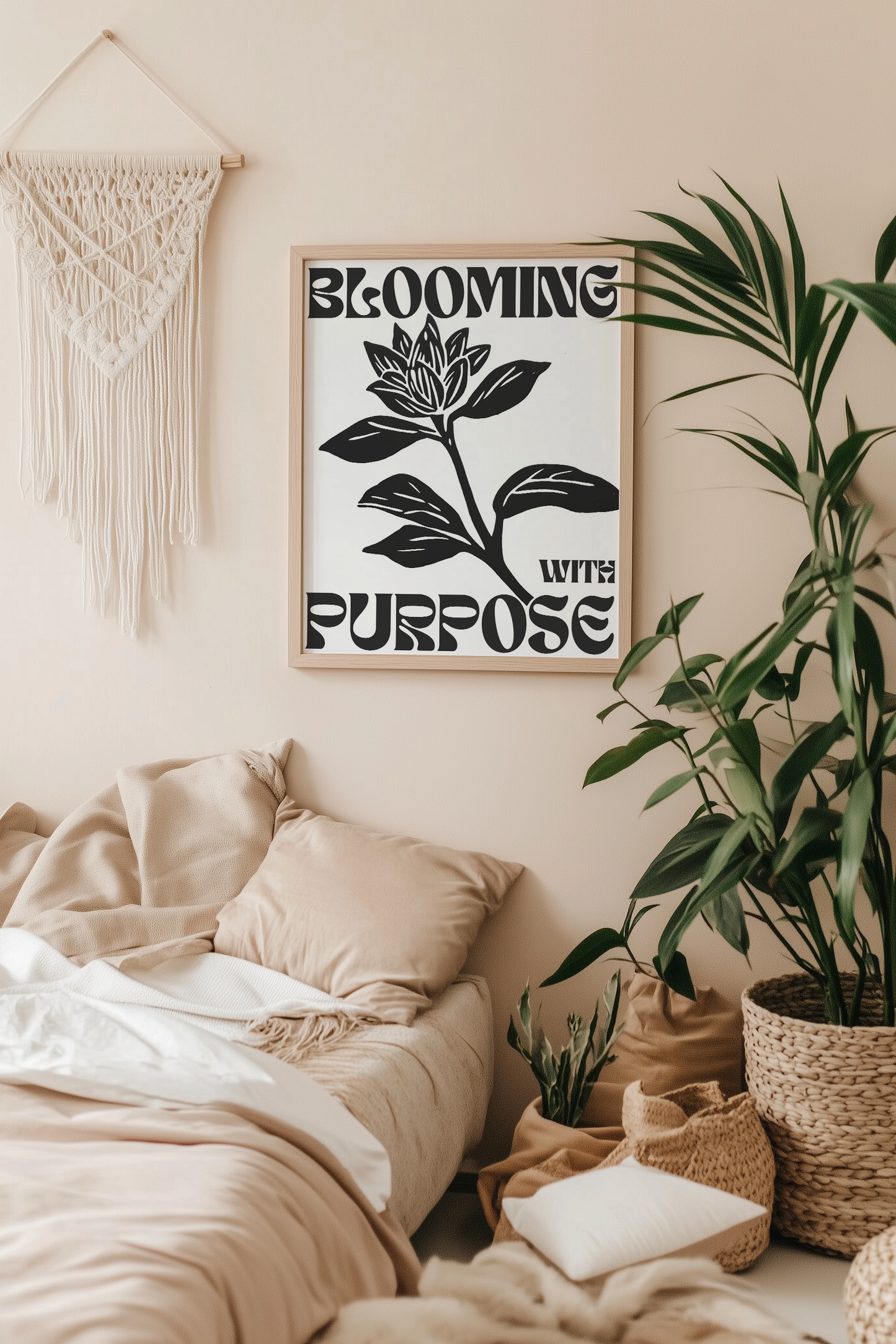 Christian modern art print blooming with purpose displayed in a boho style bedroom with soft earthy tones Bible verse wall art for creating a serene living space