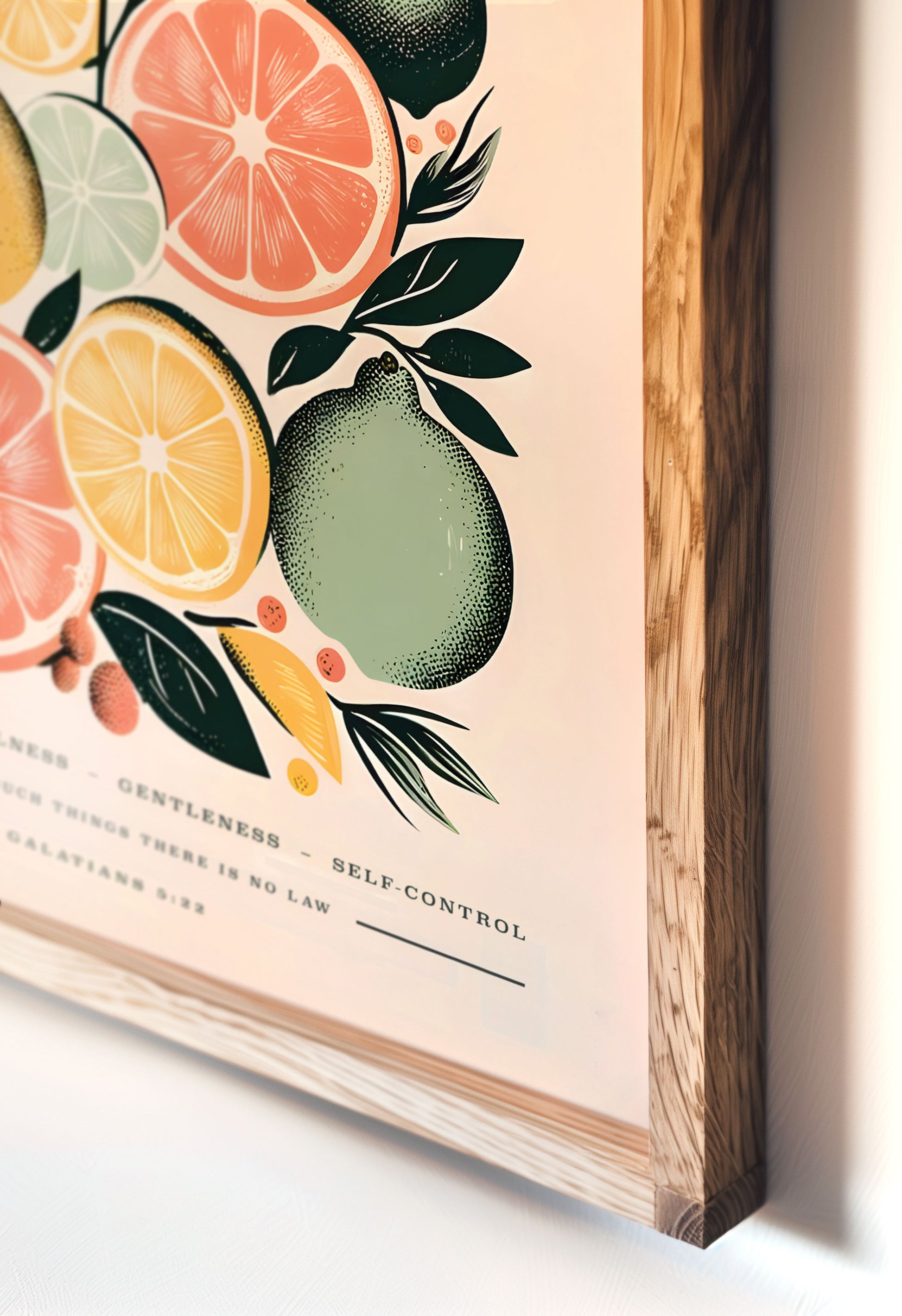 Close-up of Fruit of the Spirit wall art with vibrant citrus fruit design in a sleek wooden frame Galatians 5:22 Bible verse Christian art perfect for modern spiritual decor High quality matte paper poster print bible verse art