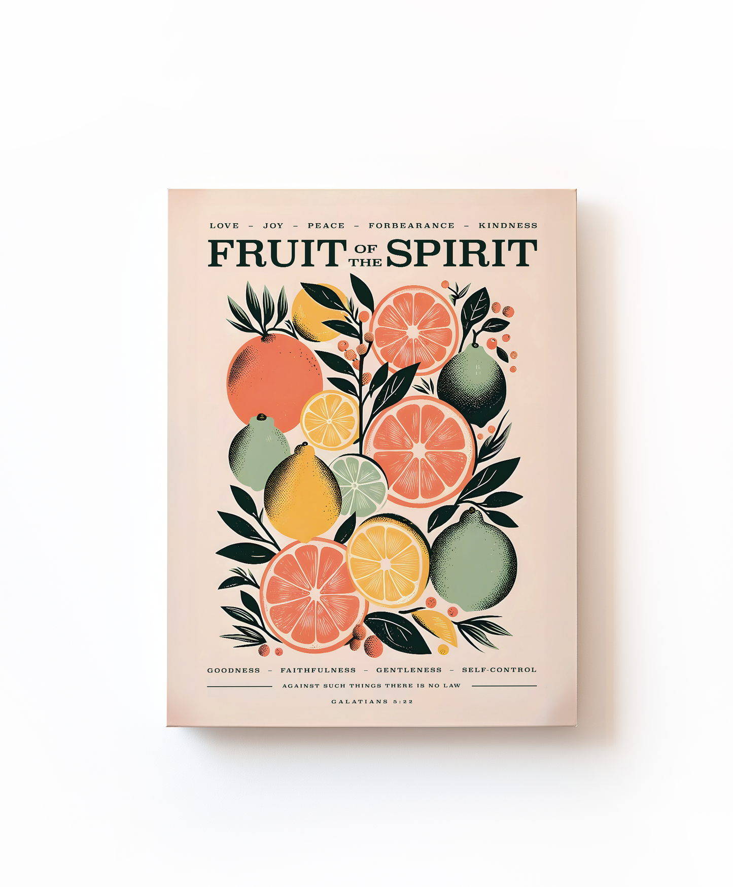 Colorful 'Fruit of the Spirit' Christian canvas wall art featuring Galatians 5:22 with illustrated fruits symbolizing love, joy, peace, and more