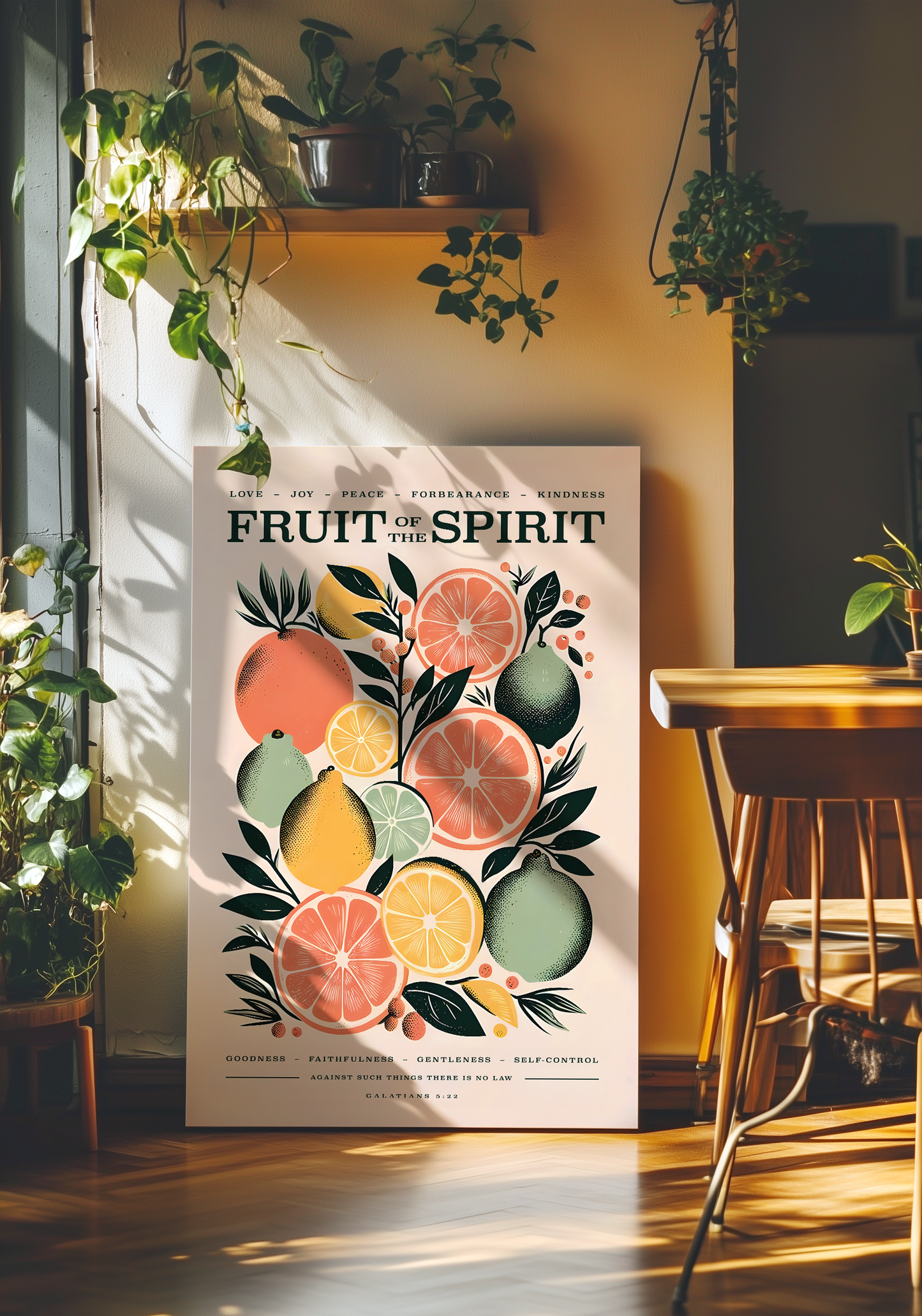 Large Fruit of the Spirit Christian canvas print with Galatians 5:22, vibrant fruit illustration for faith-inspired home decor, leaning in a bright, plant-filled room.