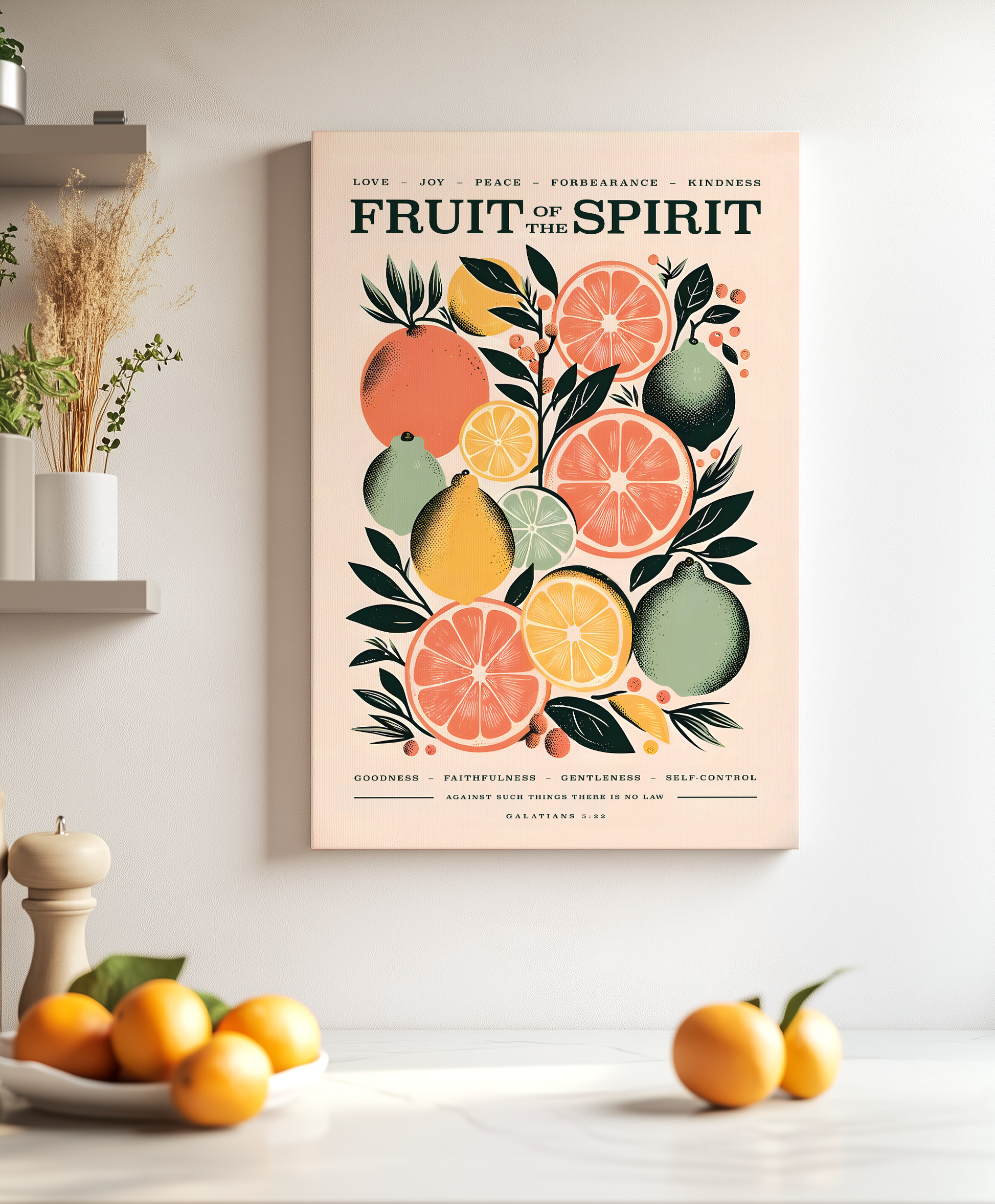 Fruit of the Spirit Christian canvas wall art for kitchen or living room, with Galatians 5:22 scripture and colorful fruits symbolizing love, peace, and joy.