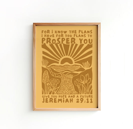 Jeremiah 29:11 poster with modern boho minimalist design in earthy tones. Features a sunrise over a landscape and the scripture &#39;For I know the plans I have for you, plans to prosper you and give you hope and a future.&#39; Uplifting home decor.
