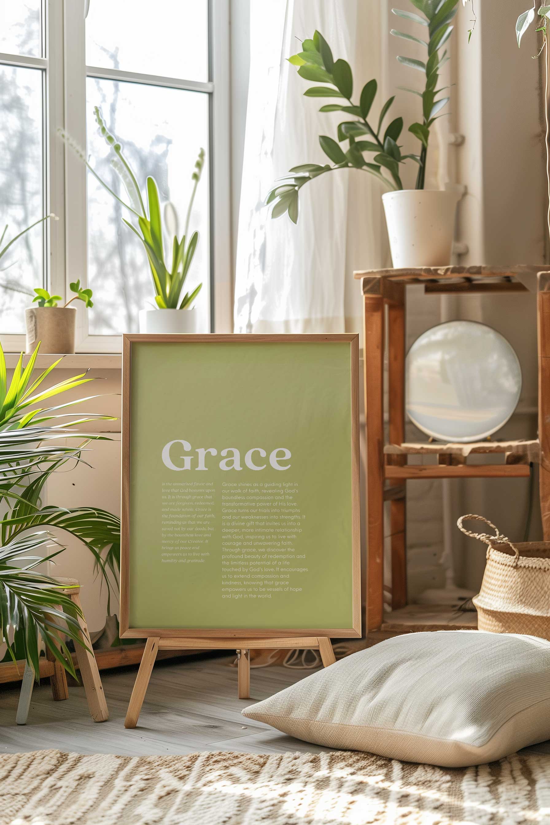 Grace scripture-inspired wall art on an easel by a sunlit window Christian motivational decor featuring an inspiring message about grace modern faith-based art for home or office