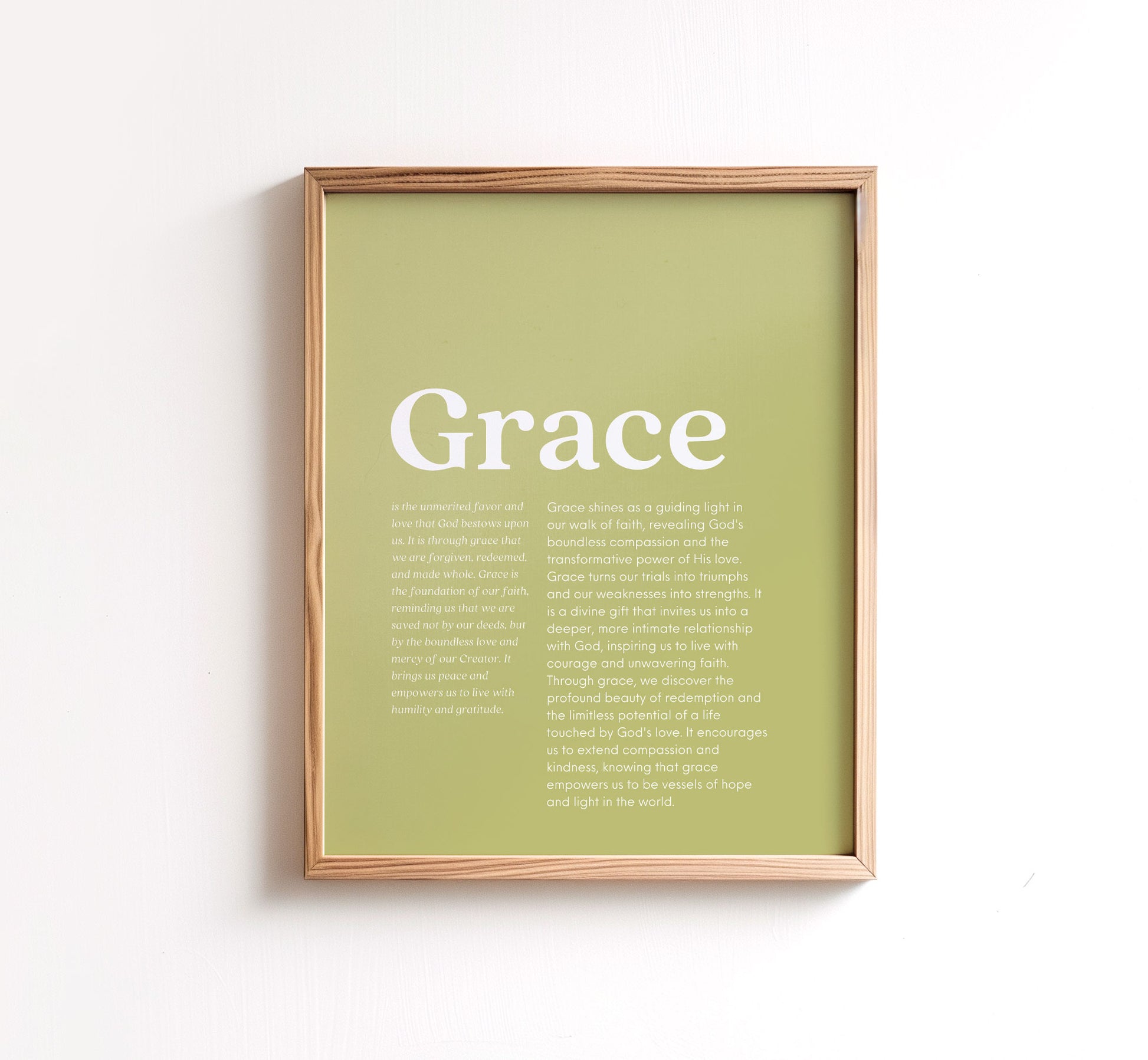 Minimalist Grace Christian poster framed and displayed on a white wall Bible verse-inspired wall art emphasizing grace and faith ideal for modern religious home decor