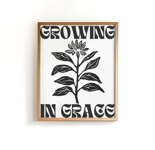 Growing in Grace minimalist Christian wall art in black and white floral design framed and displayed on a white wall modern home decor