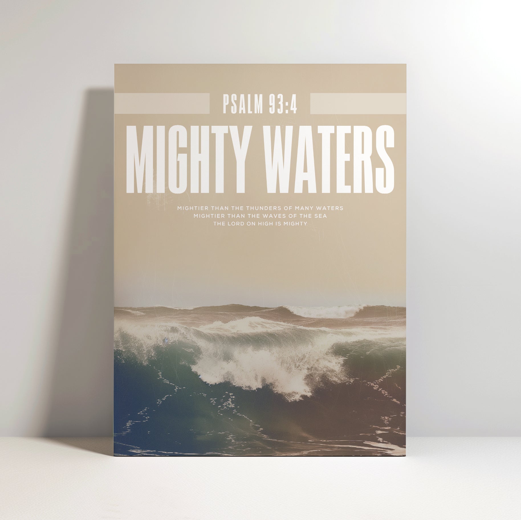 Minimalist wall art print with the text Mighty Waters and an ocean wave graphic inspired by the Bible verse Psalm 93:4 showing Gods strength over creation.