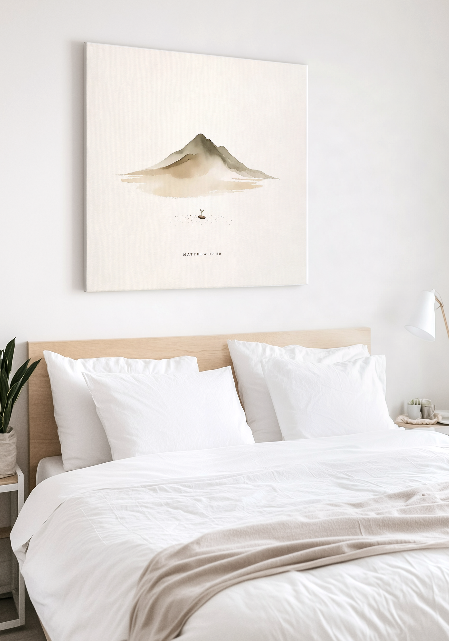 Faith of a Mustard Seed canvas print featuring Matthew 17:20 in a neutral-toned bedroom. Minimalist Christian wall art perfect for serene bedroom decor or Christian home decor.