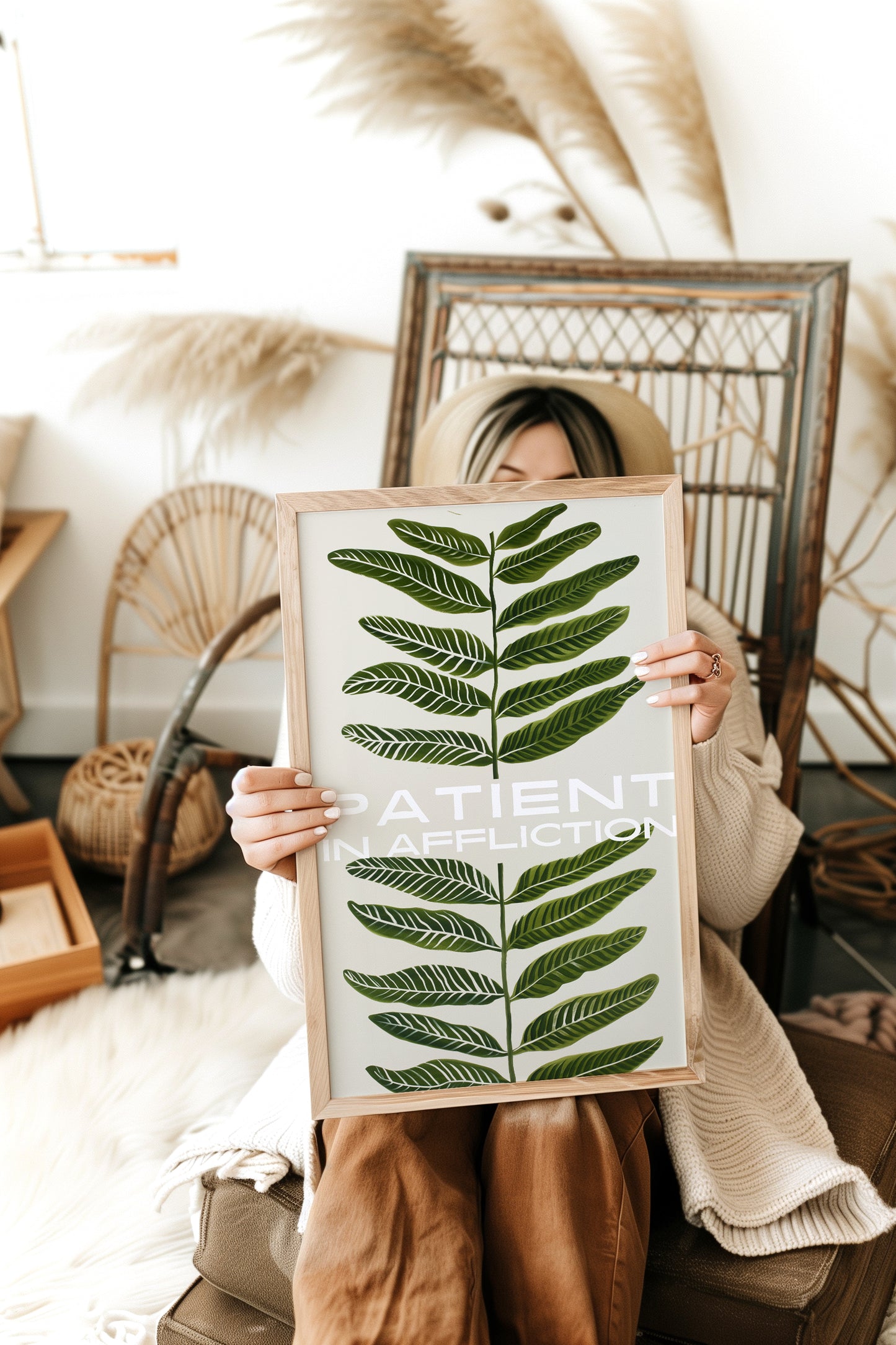 Boho-inspired Christian wall art with 'Patient in Affliction' text overlay on a green botanical print, held by a woman sitting in a cozy space.