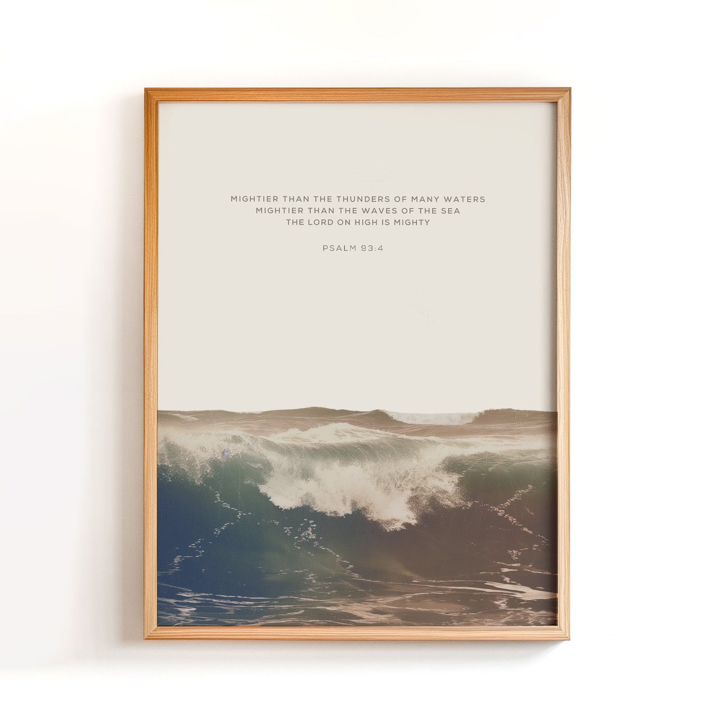 Psalm 93:4 Mighty Waters Christian wall art with ocean waves in a minimalist wood frame, featuring an inspirational Bible verse.