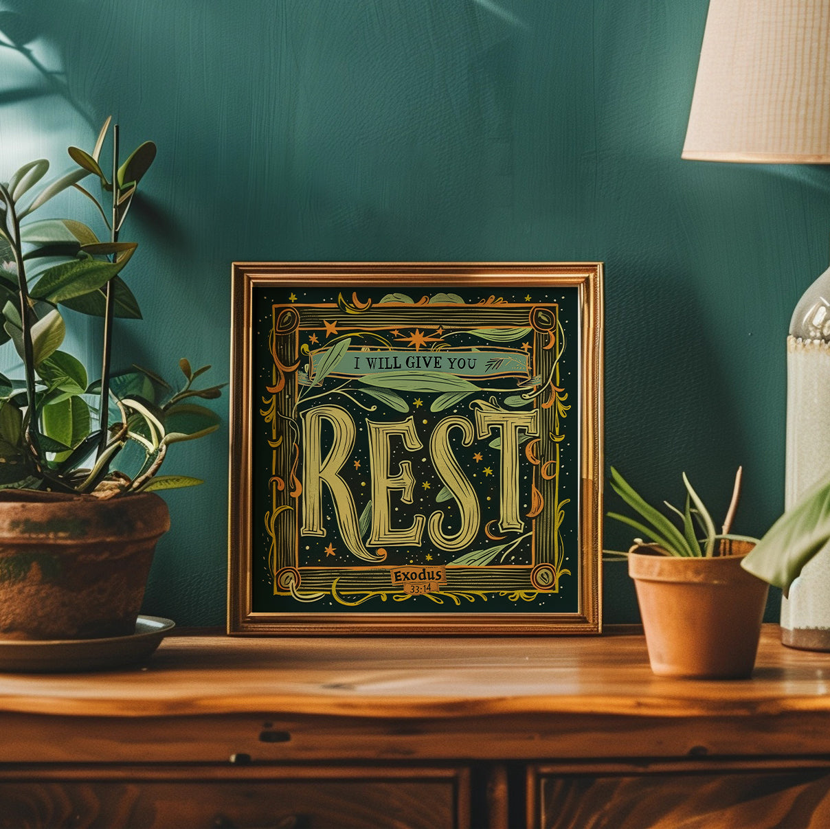 Christian wall art with I Will Give You Rest; from Exodus 33:14, framed in a modern, minimalist design. Perfect for adding spiritual encouragement to your home decor, this piece is ideal for those seeking Christian modern art or Bible verse wall art