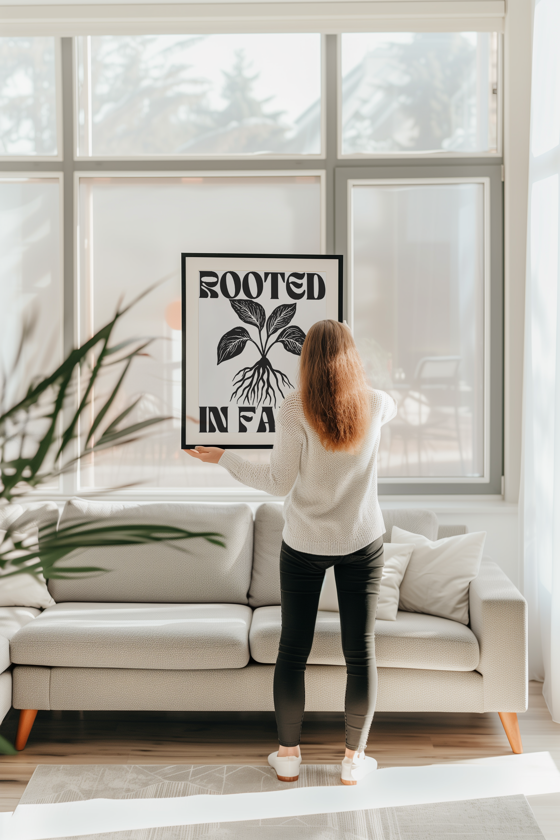 Woman holding Rooted in Faith Christian wall art in black frame bright window minimalist faith-based home decor for modern spaces.