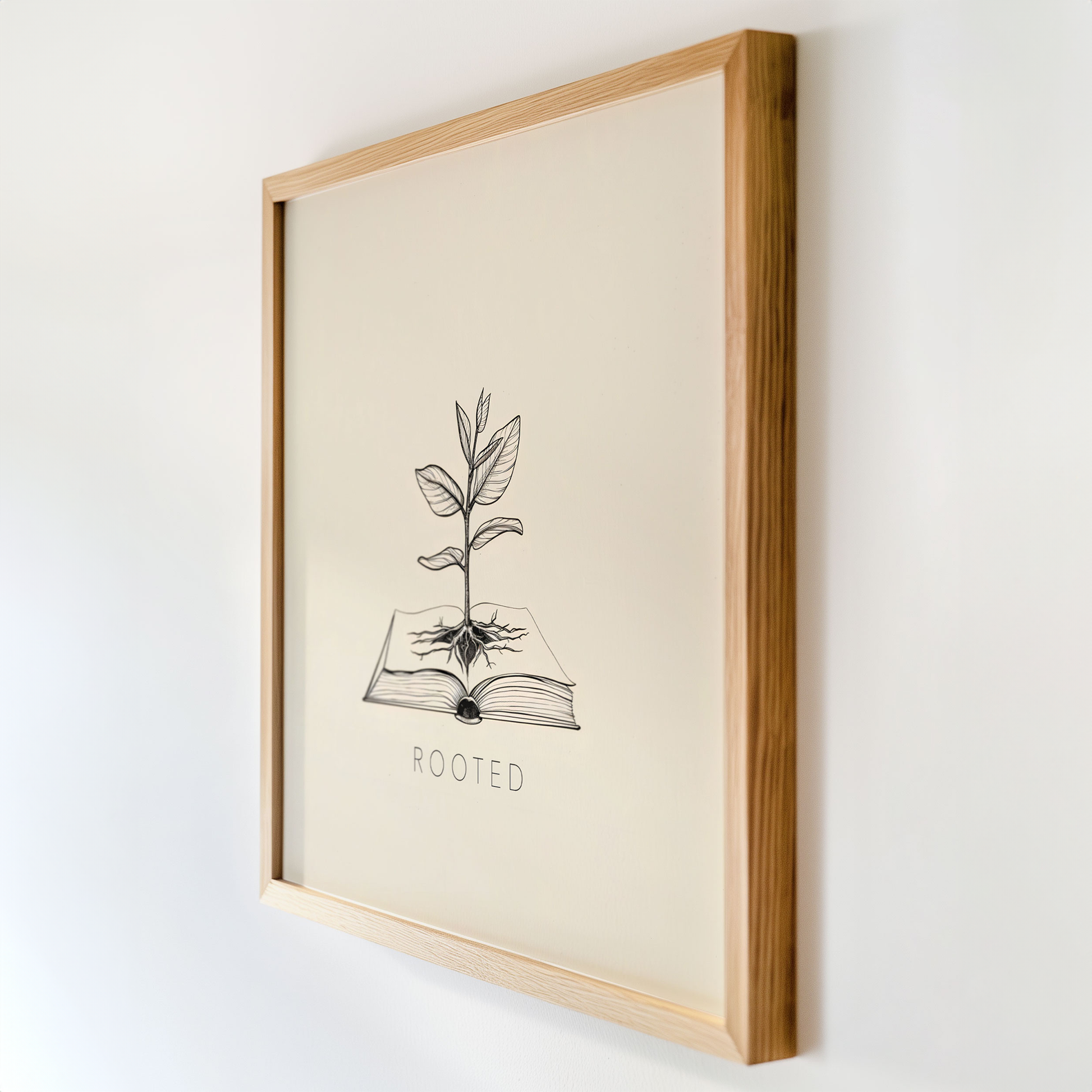Side view of contemporary Christian wall art with a plant growing from an open Bible, titled Rooted. Ideal for Christian home decor, nursery wall art, or as a modern faith-inspired gift.