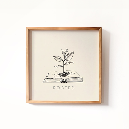 Minimalist Christian wall art featuring a drawing of a plant growing from an open Bible with the word 
Rooted beneath. Perfect for modern Christian home decor or as an inspirational scripture print for faith-based interiors