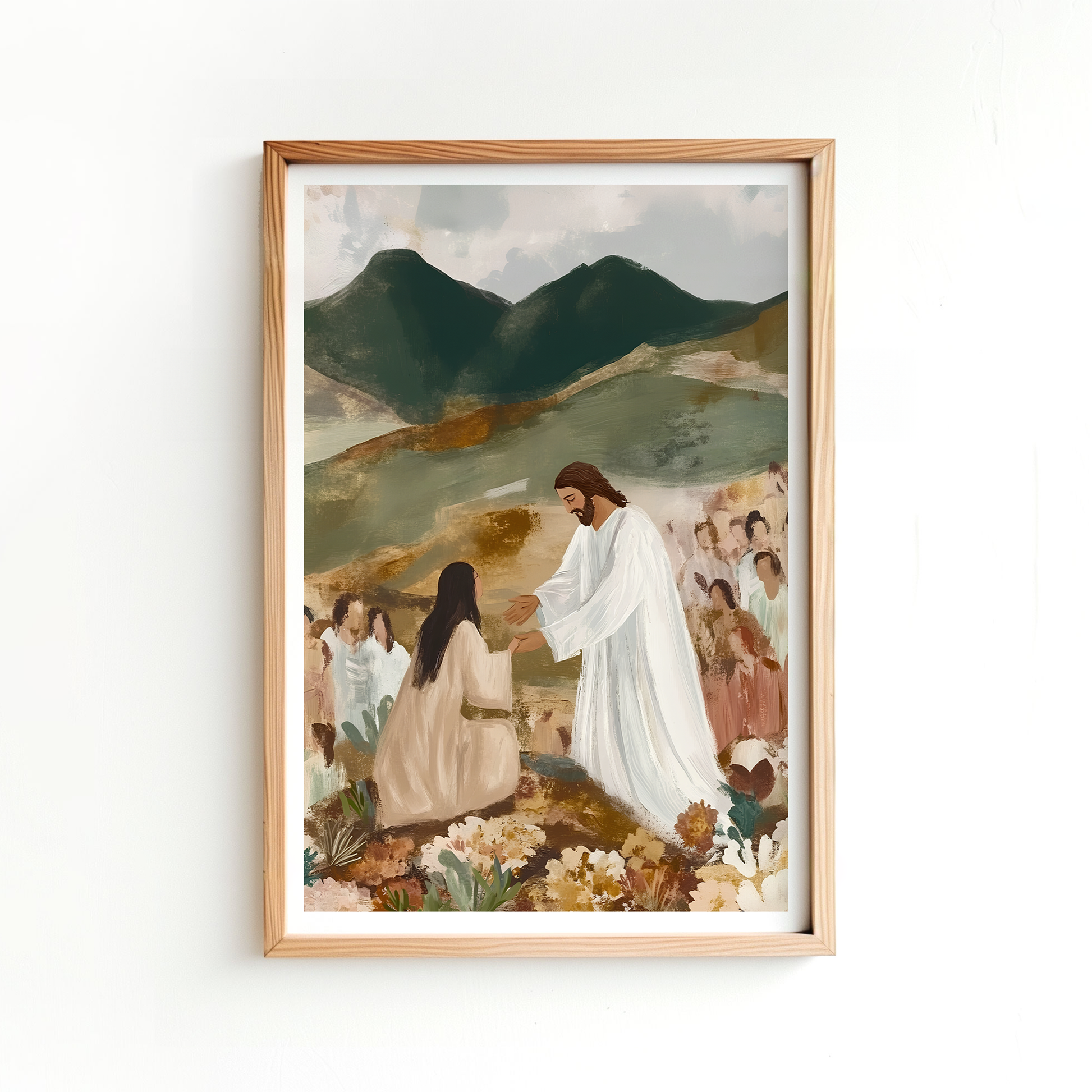 artwork of Jesus healing the woman who touched his robe biblical scene with Jesus in white robes set against a peaceful mountain background ideal for Christian wall decor