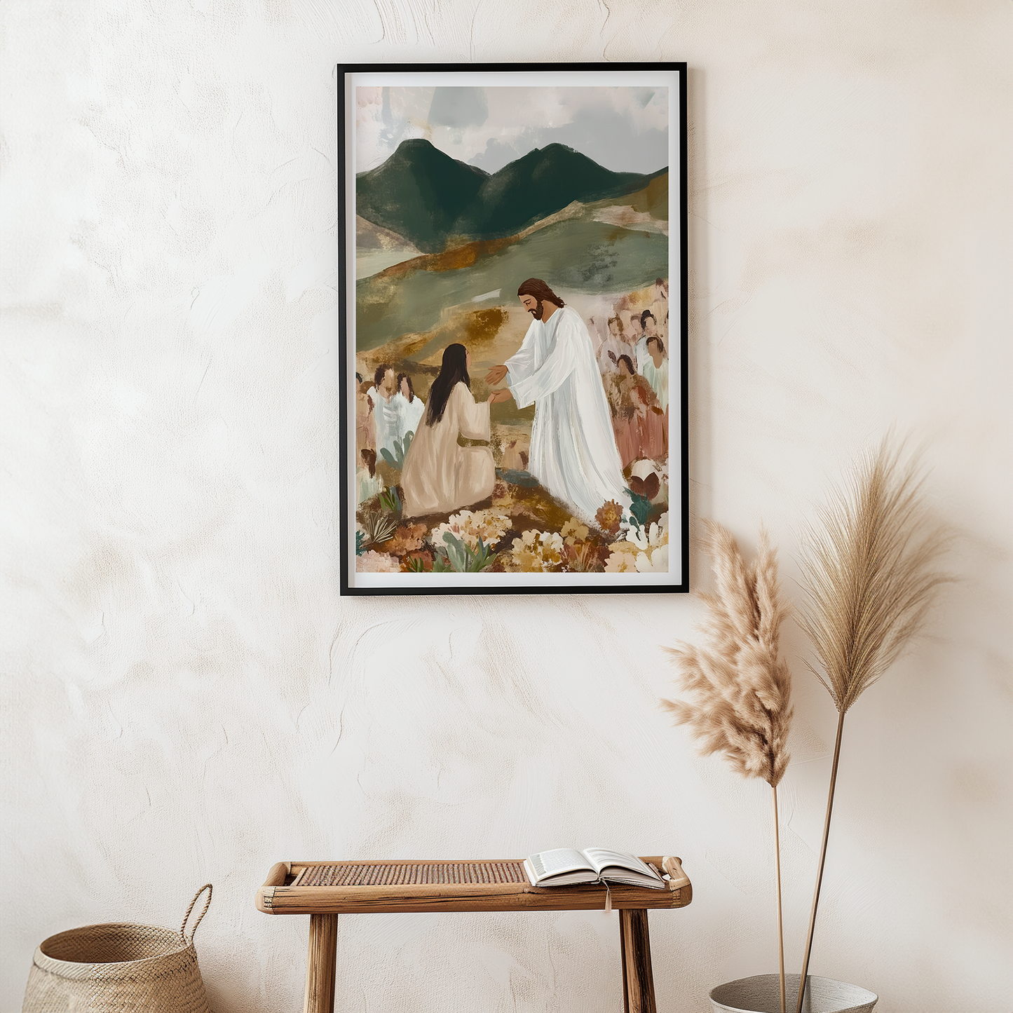 Jesus healing artwork for a living room surrounded by natural decor faith-inspired wall art perfect for modern Christian home decor