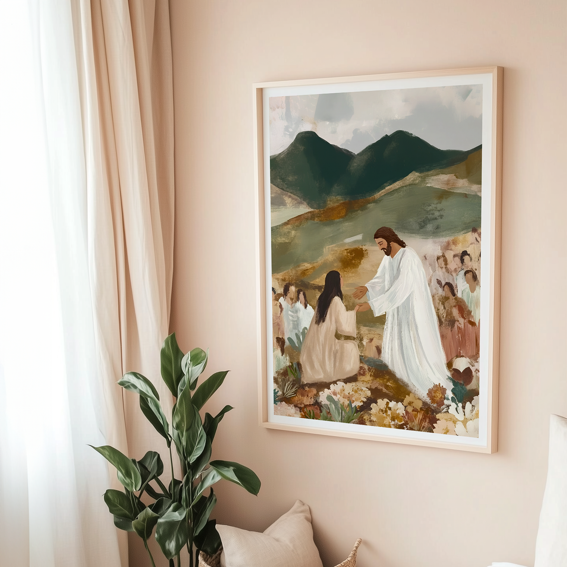 Jesus healing wall art displayed in a serene bedroom setting with soft beige tones and woven baskets faith-inspired decor for modern Christian home