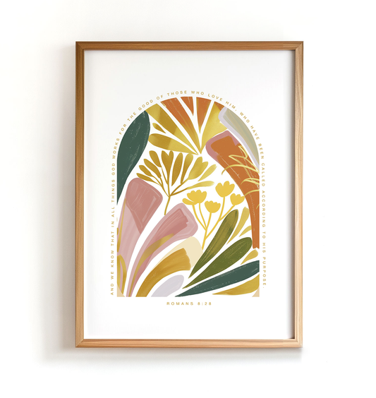 Christian wall art featuring Romans 8:28, showcasing a vibrant, modern botanical design. This Bible verse art print is perfect for those seeking Christian wall decor, Bible verse wall art, and inspirational Christian home decor to uplift any space.