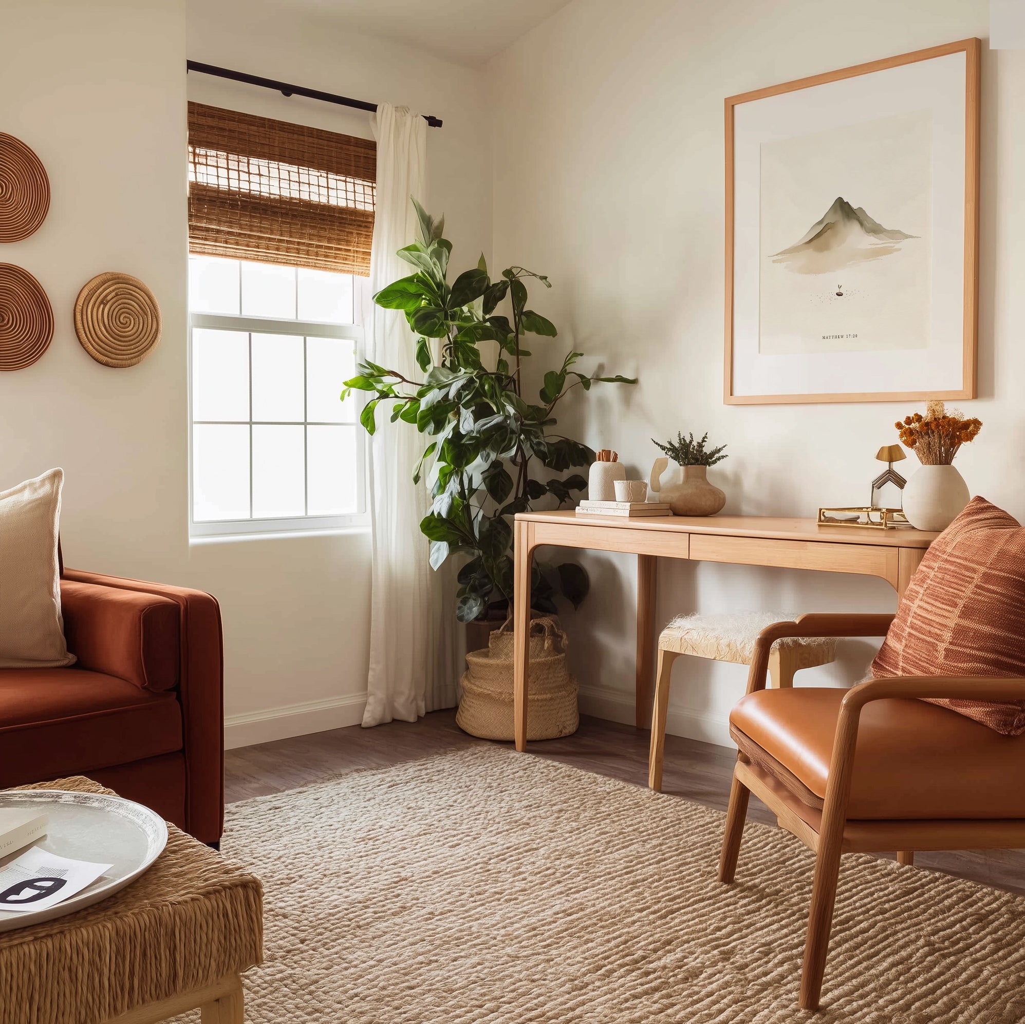 Office space with Bible verse art displaying Faith of a Mustard Seed, Matthew 17:20